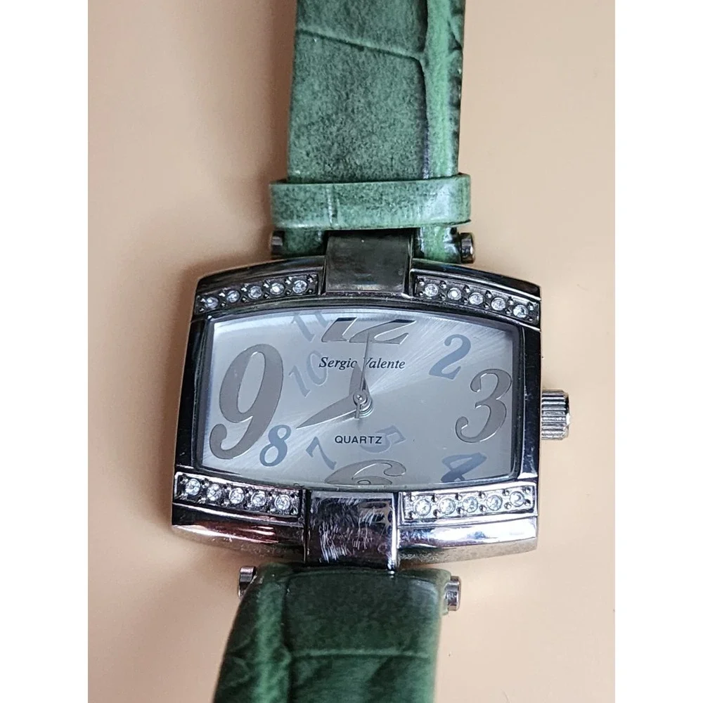 SERGIO VALENTE P-IDADC Women's Watch Croc Green Leather Band Jeweled Bezel